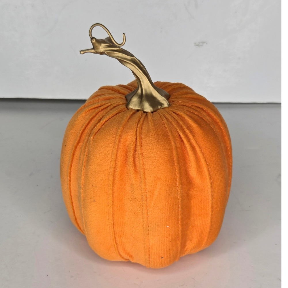 Orange Velvet Pumpkin Decorative Gourd with Gold Stem Fall Home Decor 6.5"